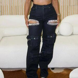 Women Rhinestone Cargo Jeans High Waisted Baggy